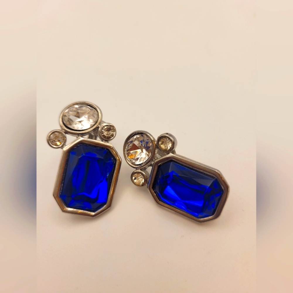 Park Lane Vintage Silver Tone Blue Crystal Clip Earrings